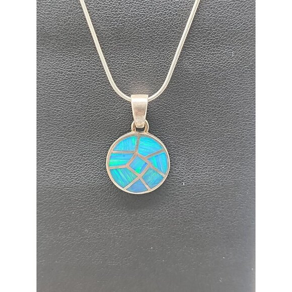 Sterling Silver Inlaid Blue Opal Pendant Necklace 16" Chain Signed ind0925 - Picture 4 of 16